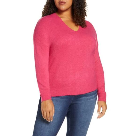 RACHEL ROY NEW $109 Fuzzy Cotton Blend V-Neck Sweater in Wild Pink 3X - Picture 1 of 2